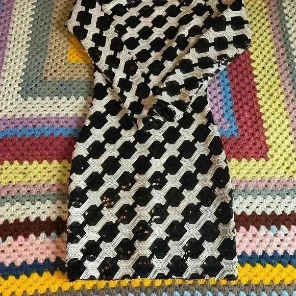 Dress the Population Lola Black Ivory Sequined Checkered Cocktail Mini Dress XS - Picture 2 of 6